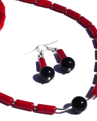 Colier si cercei din Argint 925, Coral rosu si Onix negru - CO080, CE080 - colier rosu romantic, cadou de Craciun, colier casual
