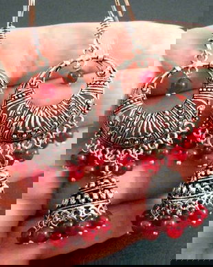 J02 - Cercei Jhumka, din cupru solid, placati cu argint, aspect vintage, margelute agata rosie