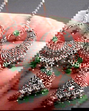 J06 - Cercei Jhumka, din cupru solid, placati cu argint, aspect vintage, margelute agata verde