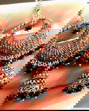 J07 - Cercei Jhumka, din cupru solid, placati cu argint, aspect vintage, margelute agata neagra