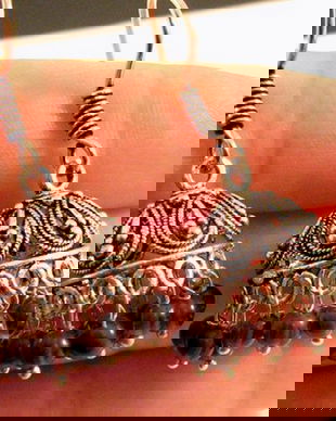 J08 - Cercei Jhumka, din cupru solid, placati cu argint, aspect vintage, margelute agata cafenie