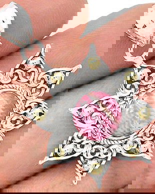 Ag379 - Pandantiv, argint 925, partial placat cu aur, rodocrozit, fulg de nea / stea / floare