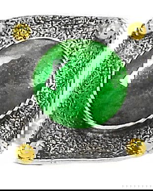 Ag363 - Inel, argint 925, partial placat cu aur, radacina de smarald fatetat, patrat