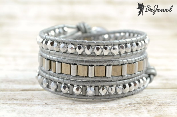 Bratara wrap cu snur de piele si cristale ''Shark skin''