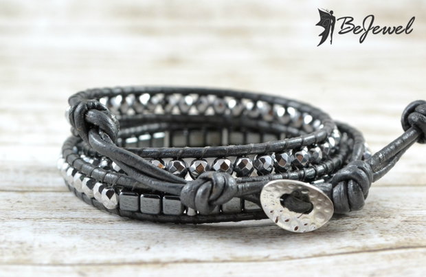 Bratara wrap  cu snur de piele si pietre semipretioase ''Grey Luster''
