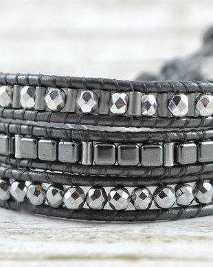 Bratara wrap  cu snur de piele si pietre semipretioase ''Grey Luster''