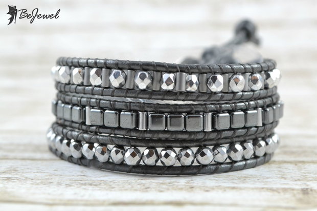 Bratara wrap  cu snur de piele si pietre semipretioase ''Grey Luster''