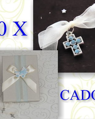 50 Cruciulite botez cu fundita si cutie cadou, Cruciulite botez baiat, Oferta cruciulite botez