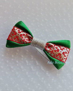 Mini papion de Craciun  verde cu model rosu-argintiu