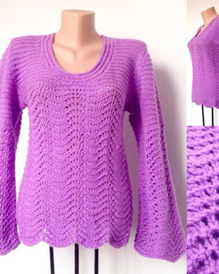 Bluza tricotata manual mov pulover lavanda dantela