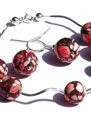 Bratara si cercei din Argint 925 si Magnezit roz-gri - BR086, CE086 - Bratara casual delicata, romantica