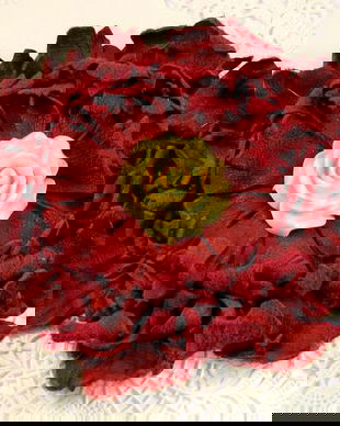 R0014 - Brosa / agrafa / clema, piele naturala, floare rasina, franjuri