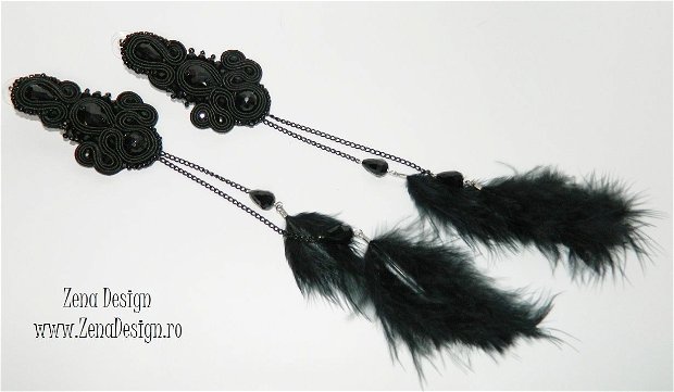 Cercei lungi negrii cu pene de marabu - Great Gatsby  cercei brodaţi cu pietre semipreţioase, bijuterii unicat