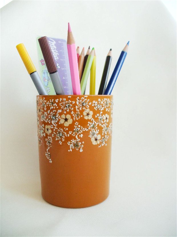 Suport galben, din sticla,pentru creioane,Suport pentru birou, Obiect decorativ