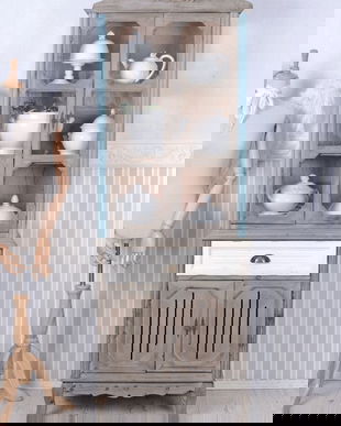 VITRINA TURN DIN LEMN MARO ANTICHIZAT CU ALBASTRU SI ALB