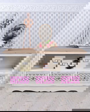 MASA TV LIVING DIN LEMN MASIV ALB CU SERTARE COLORATE