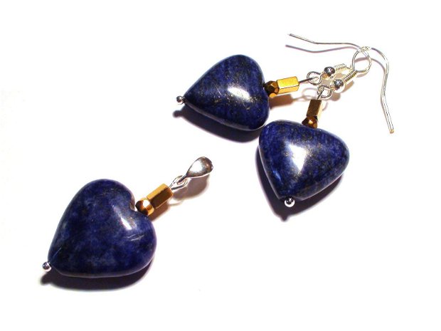 Pandantiv si cercei din Argint 925, Lapis lazuli inima si Hematit auriu - PA270, CE270 - cercei romantici, cercei inima, bijuterii inima, cercei pietre semipretioase, cercei albastru denim