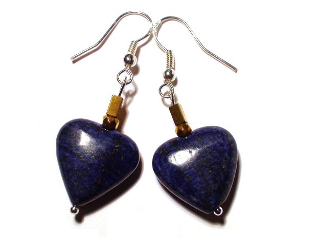 Pandantiv si cercei din Argint 925, Lapis lazuli inima si Hematit auriu - PA270, CE270 - cercei romantici, cercei inima, bijuterii inima, cercei pietre semipretioase, cercei albastru denim