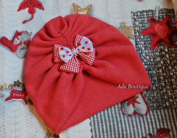 Turban dublu din tricot angora rosu-corai