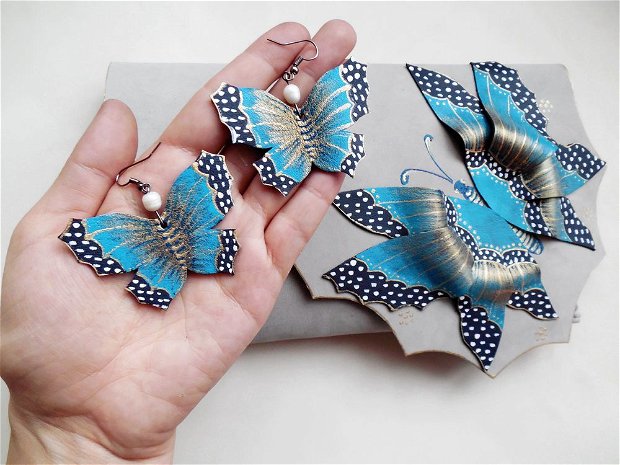 poseta plic handmade unicat din piele - Turquoise Blue Butterfly