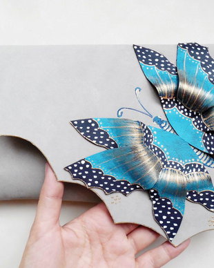 poseta plic handmade unicat din piele - Turquoise Blue Butterfly