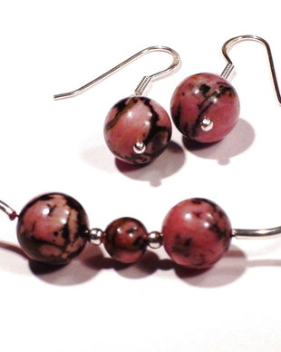 Colier si cercei din Argint 925 si Rodonit - CO017, CE017 - Colier elegant, cadou romantic delicat, colier roz negru