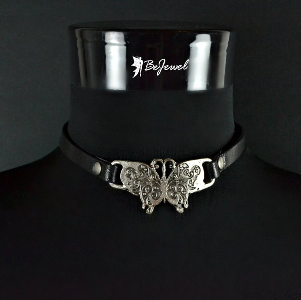 Choker din piele si zamak placat cu argint ''Monarch''
