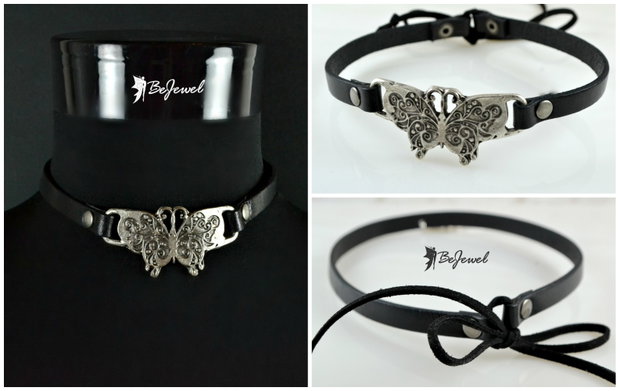 Choker din piele si zamak placat cu argint ''Monarch''