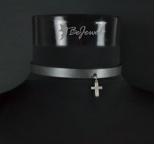 Choker din piele si pandantiv otel inoxidabil ''Anthracite''