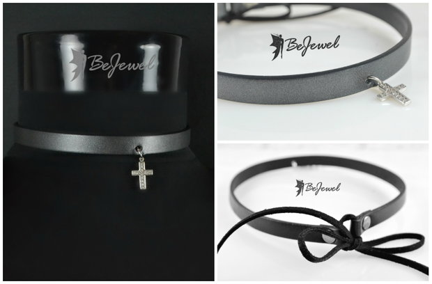Choker din piele si pandantiv otel inoxidabil ''Anthracite''
