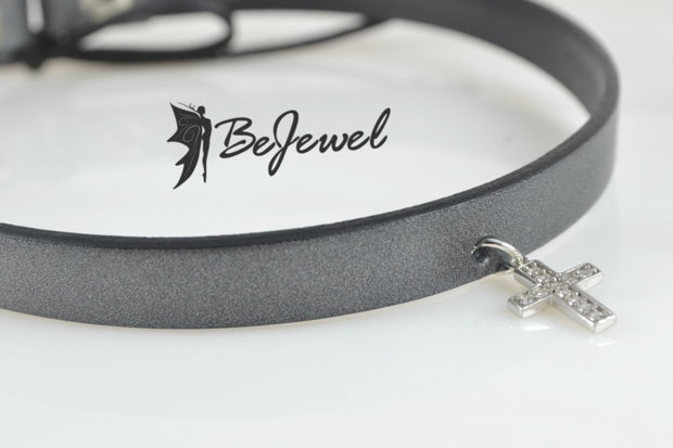 Choker din piele si pandantiv otel inoxidabil ''Anthracite''