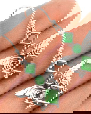 Ag322 - Cercei cu tortite, argint 925, radacina de smarald fatetat, inger pazitor