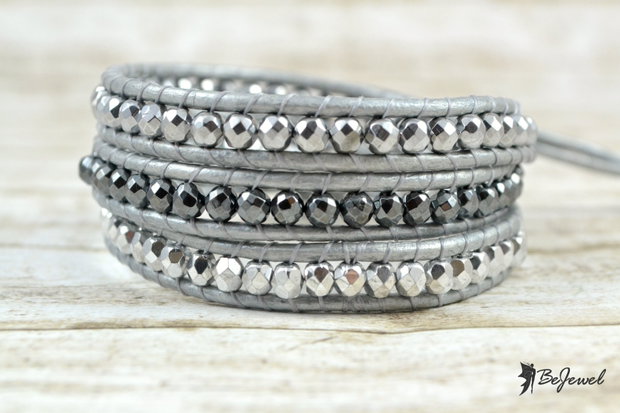 Bratara wrap cu snur de piele, hematit si cristale ''Silver Joy''