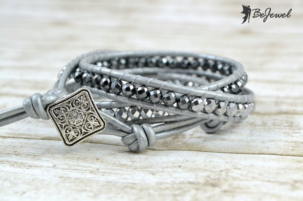 Bratara wrap cu snur de piele, hematit si cristale ''Silver Joy''