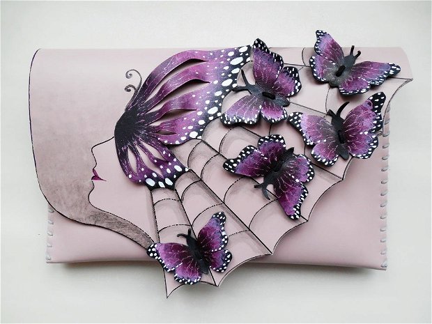 Poseta plic handmade unicat din piele naturala -Butterfly Lady