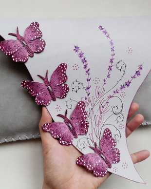 poseta plic handmade unicat din piele naturala -Lavender Butterflies