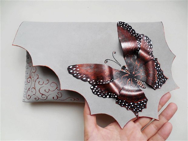 poseta plic handmade unicat din piele - Coffee Butterfly