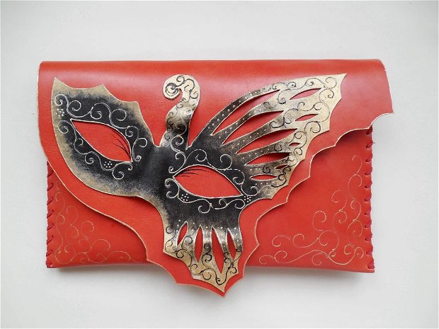 poseta plic handmade unicat din piele -Black Butterfly Masquerade
