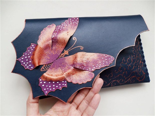 poseta plic handmade unicat din piele - Copper Butterfly