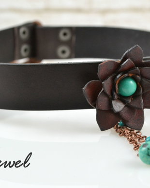 Colier choker din piele si turcoaz '' Boheme''