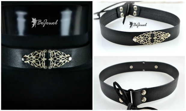 Colier choker din piele si accesorii placate cu argint ''Gothica''
