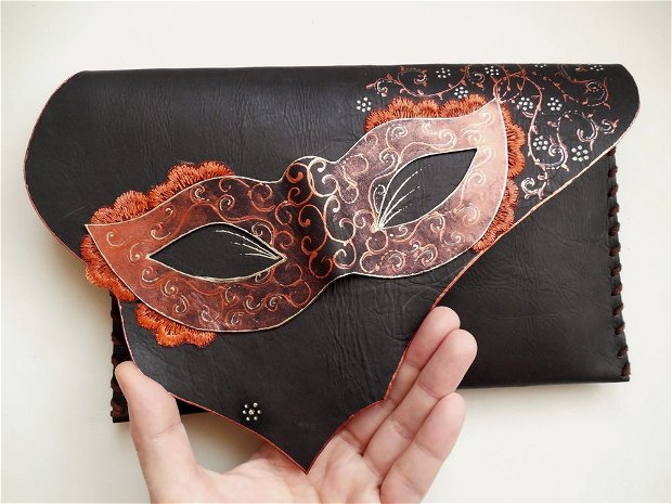 poseta plic handmade unicat din piele -Copper Mask