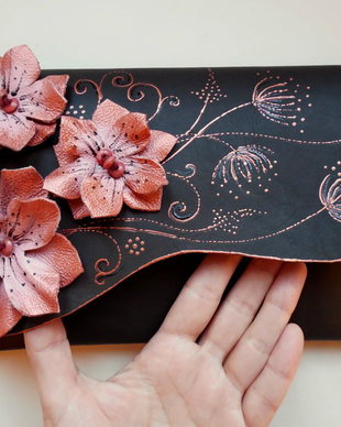 poseta plic handmade unicat din piele - Pink Autumn