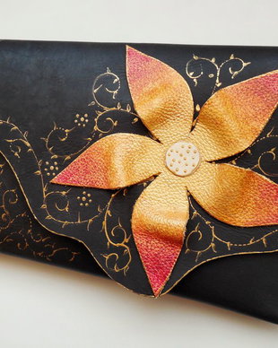 poseta plic handmade unicat din piele - Yellow Flower