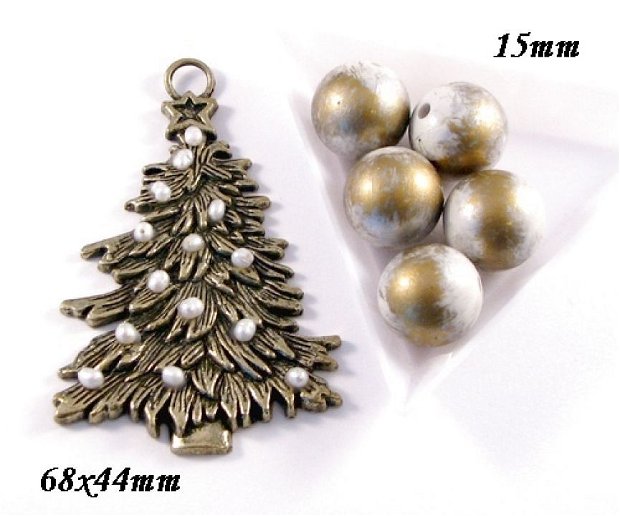 4376 - SET Pandantiv bradut, aliaj metalic bronz, perle de cultura, margele acrilice alb prafuit bronz