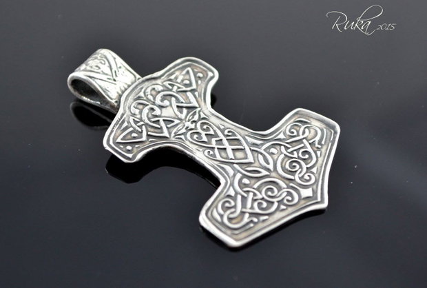 Colier barbatesc din piele si argint ''Mjolnir''