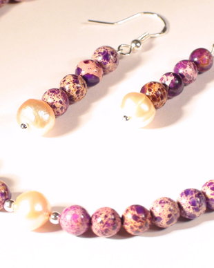 Colier si cercei din Argint 925, Jasp imperial / Regalit mov-crem si Perle de cultura piersica - CO069, CE069 - colier pietre semipretioase, cadou pentru ea, cadou pentru sotie, cadou romantic, bijuterii cu perle