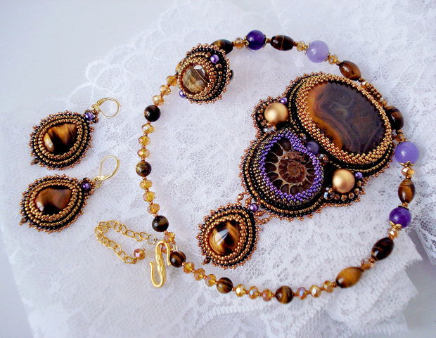 "Ammonite & Tiger eye" - Set colier, cercei, inel