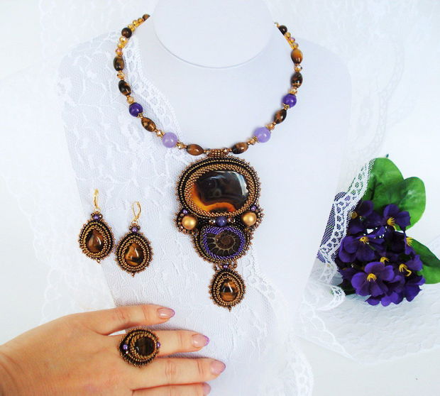 "Ammonite & Tiger eye" - Set colier, cercei, inel