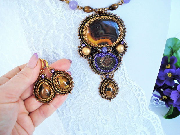 "Ammonite & Tiger eye" - Set colier, cercei, inel